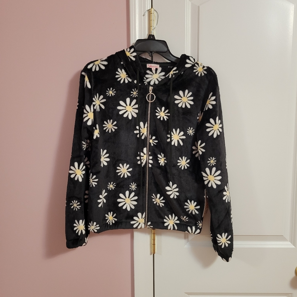 NWT Womens Angel Cult Black Daisy Print Zip Up Jacket -S- Cozy, Loungewear